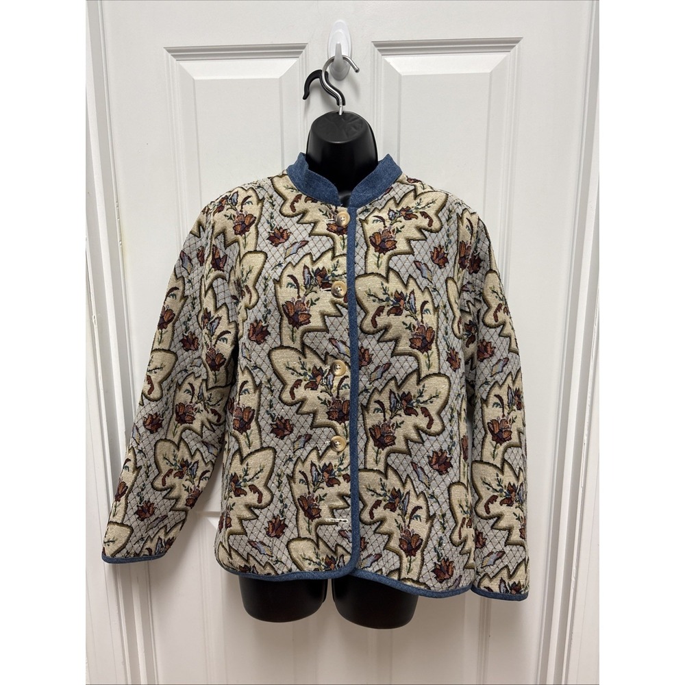 Vintage Denim & Co Coastal Grandma Paisley Floral Coat Tapestry Denim Trim Med